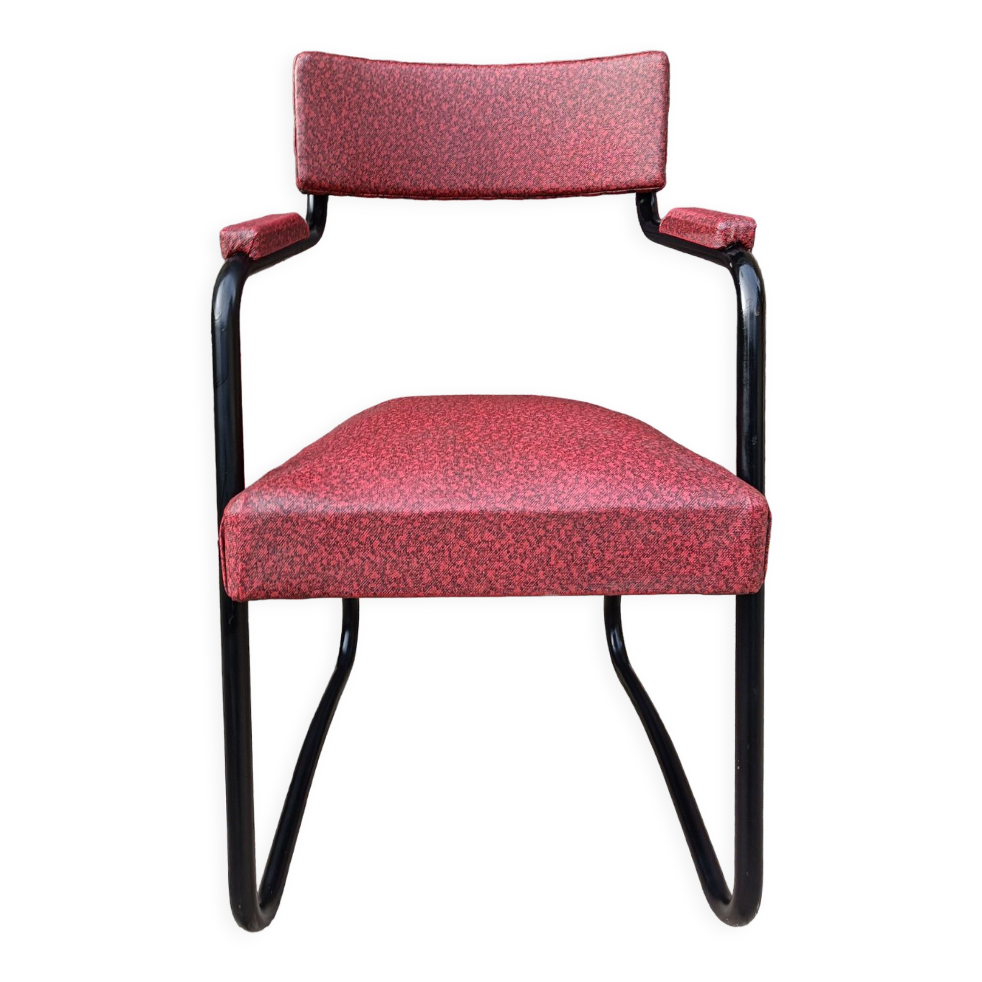 Design armchair, metal and red skai, vintage, 50s