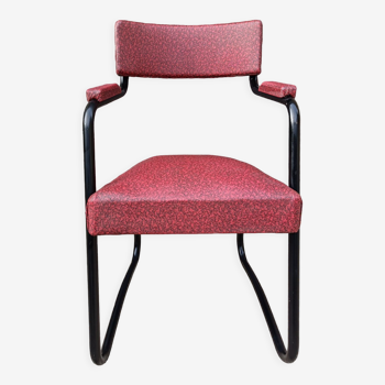 Design armchair, metal and red skai, vintage, 50s