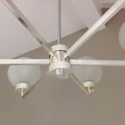 Six-light chrome metal chandelier and opaque glass globes / vintage 60s and 70s