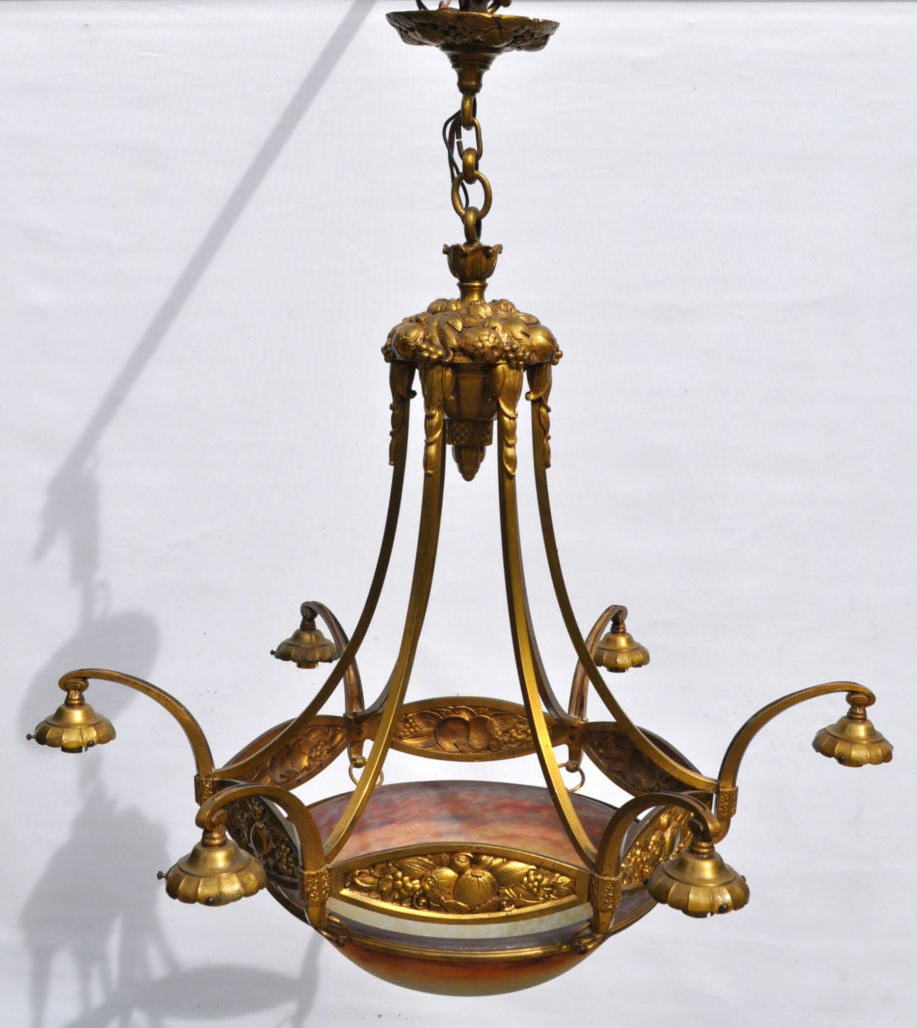 Muller frères Art Deco Chandelier - Bronze & Glass Paste - 1930s