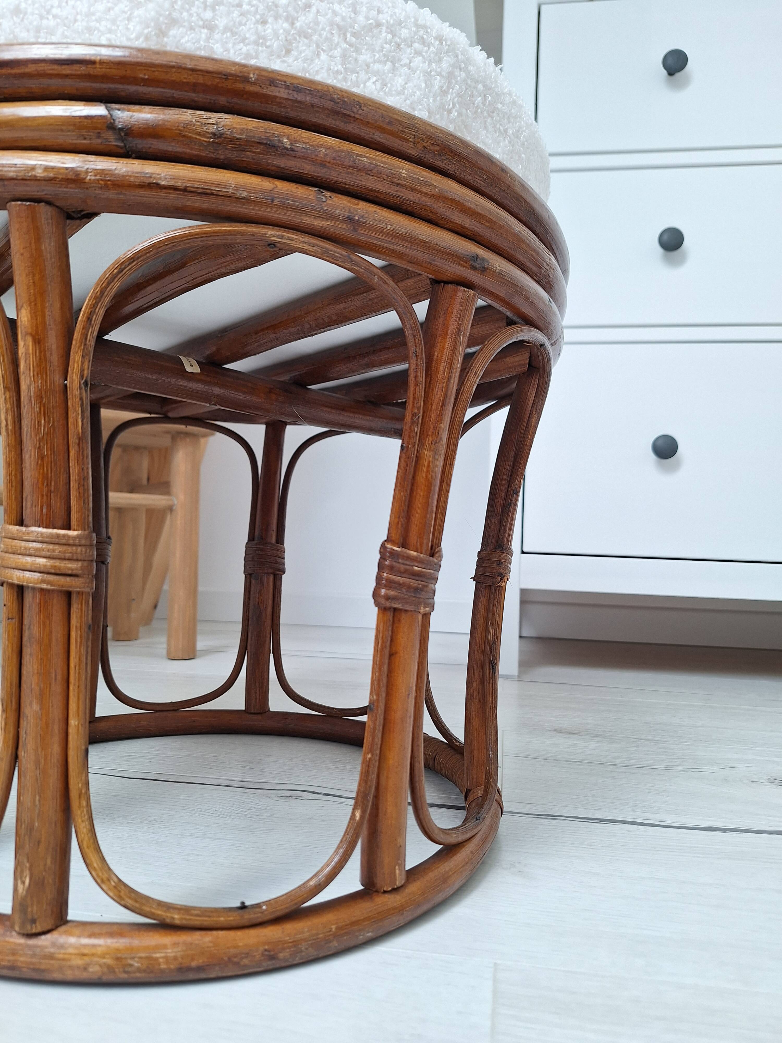 Vintage rattan and French terry fabric pouf