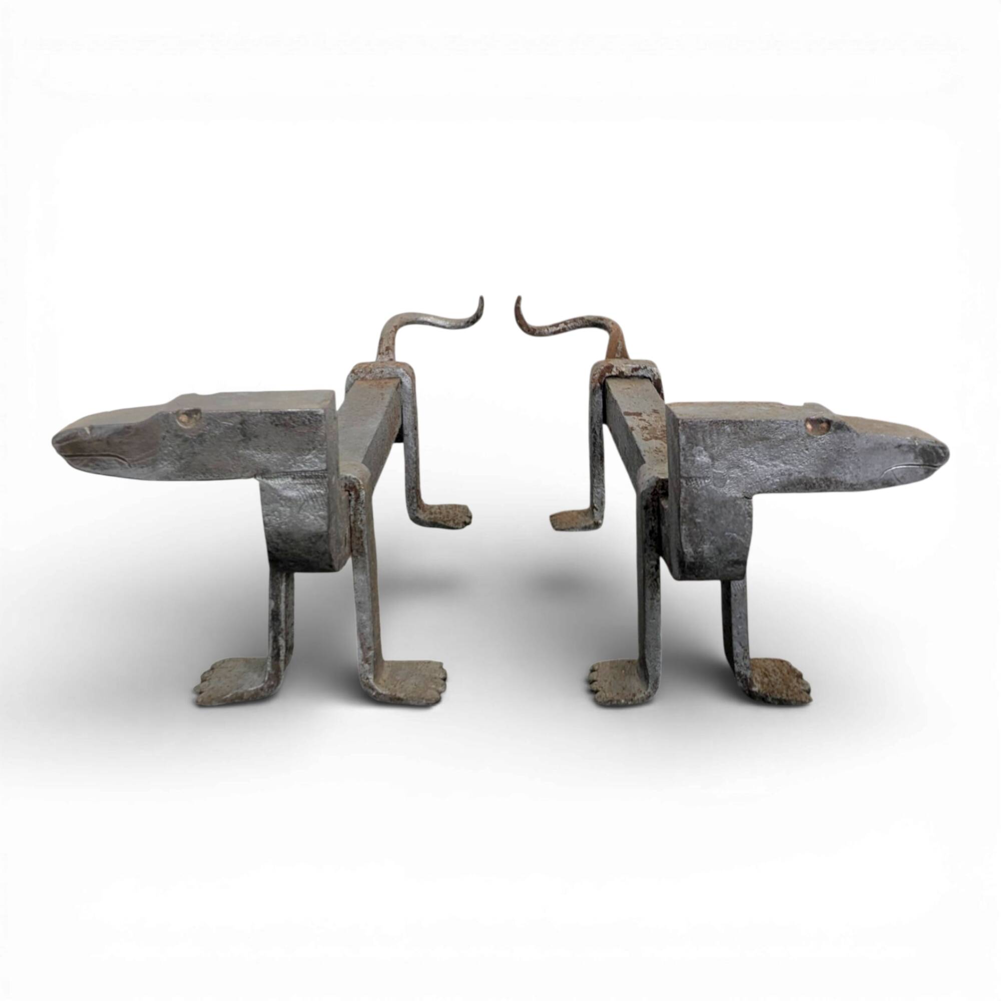Pair of zoomorphic andirons, couple of dachshunds.
