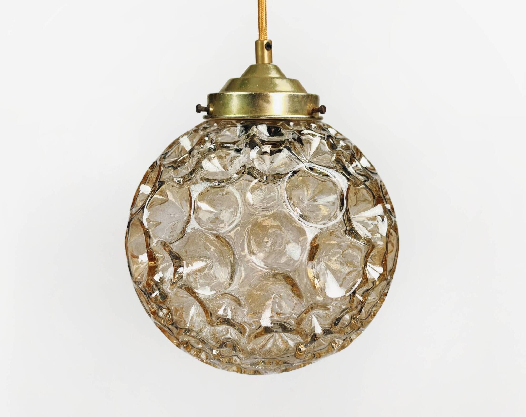 1970s Vintage English Dimpled Amber / Topaz Gold Glass Pendant Lamp