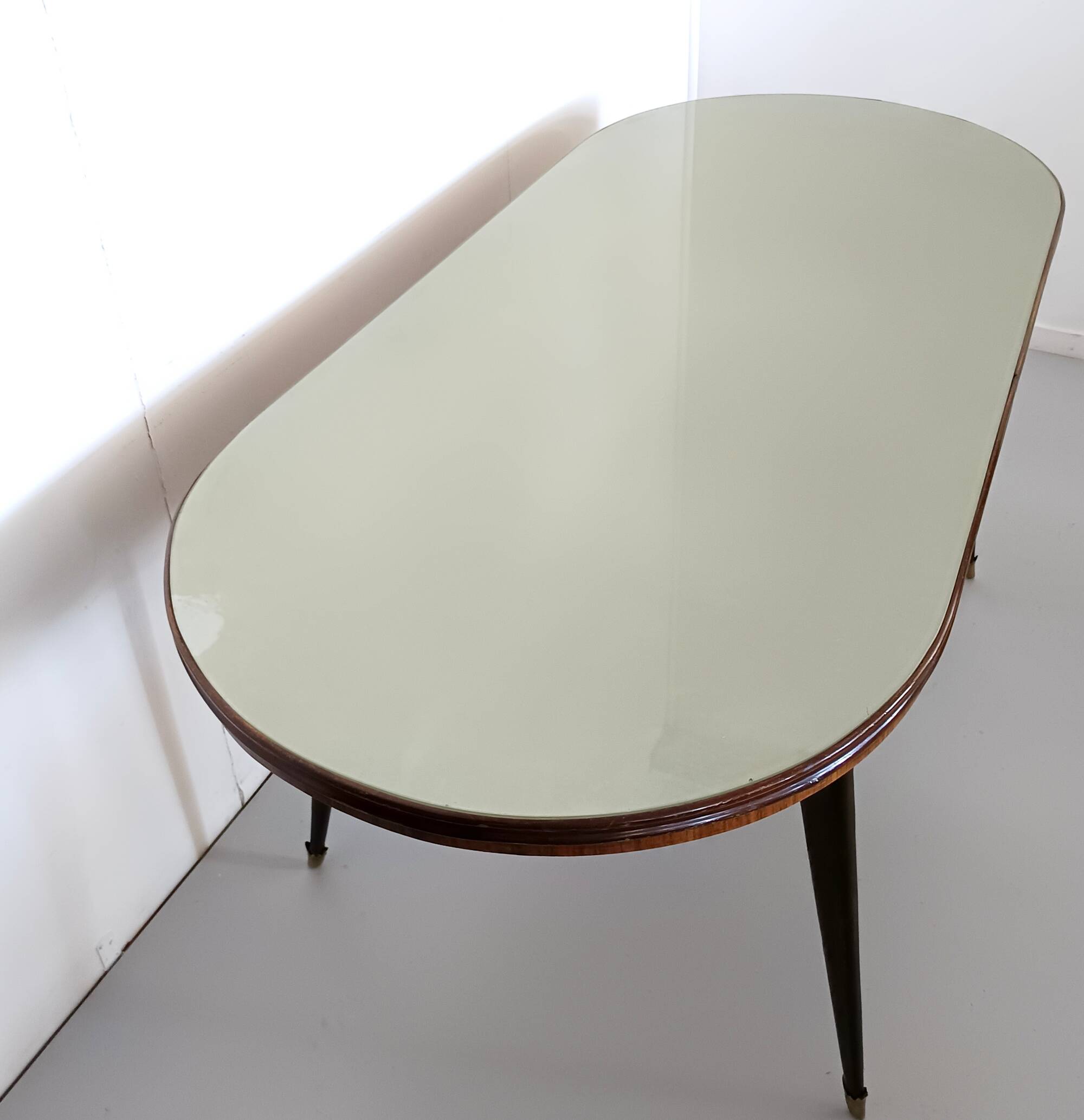 Vintage Beech and Walnut Dining Table with an Oval Gray Glass Top, Italy