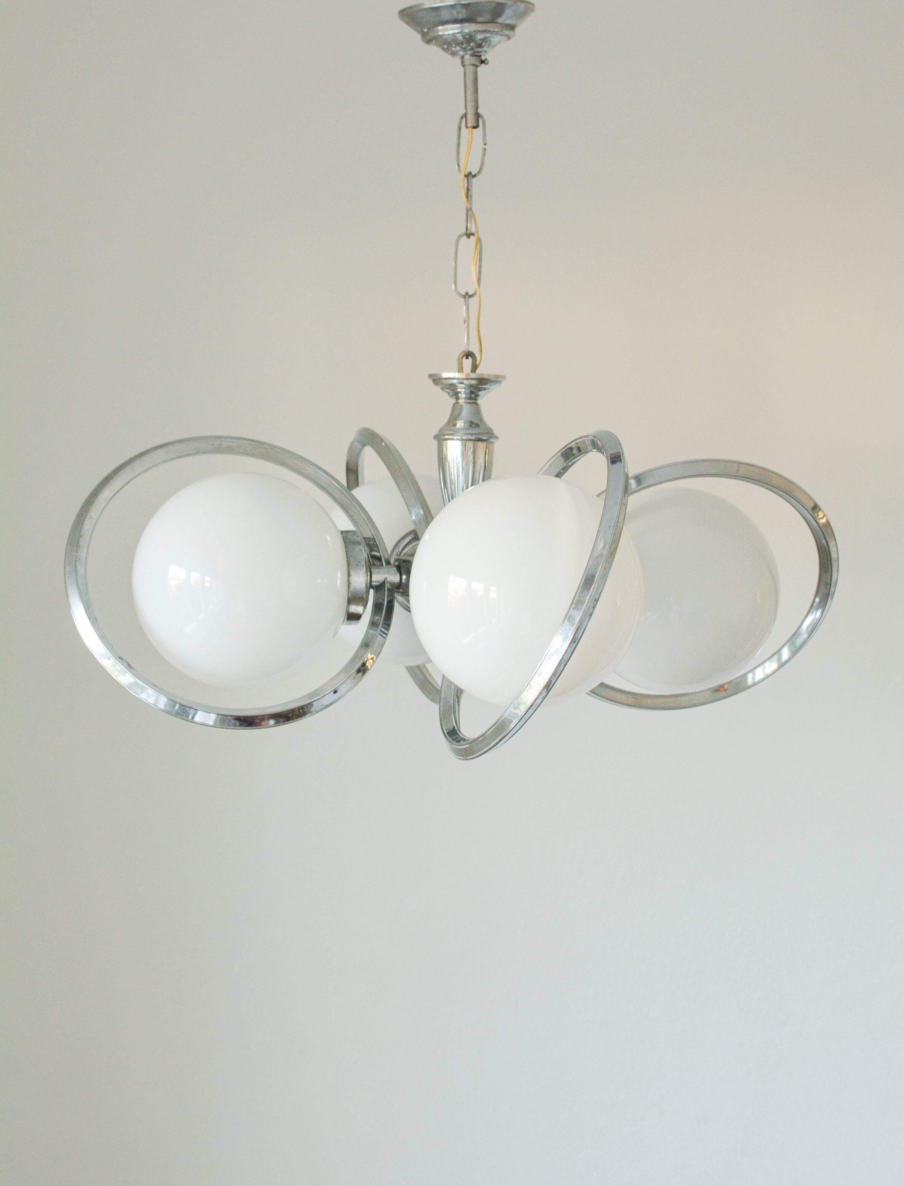 Vintage Space Age chandelier in opaline and chrome – 1970s