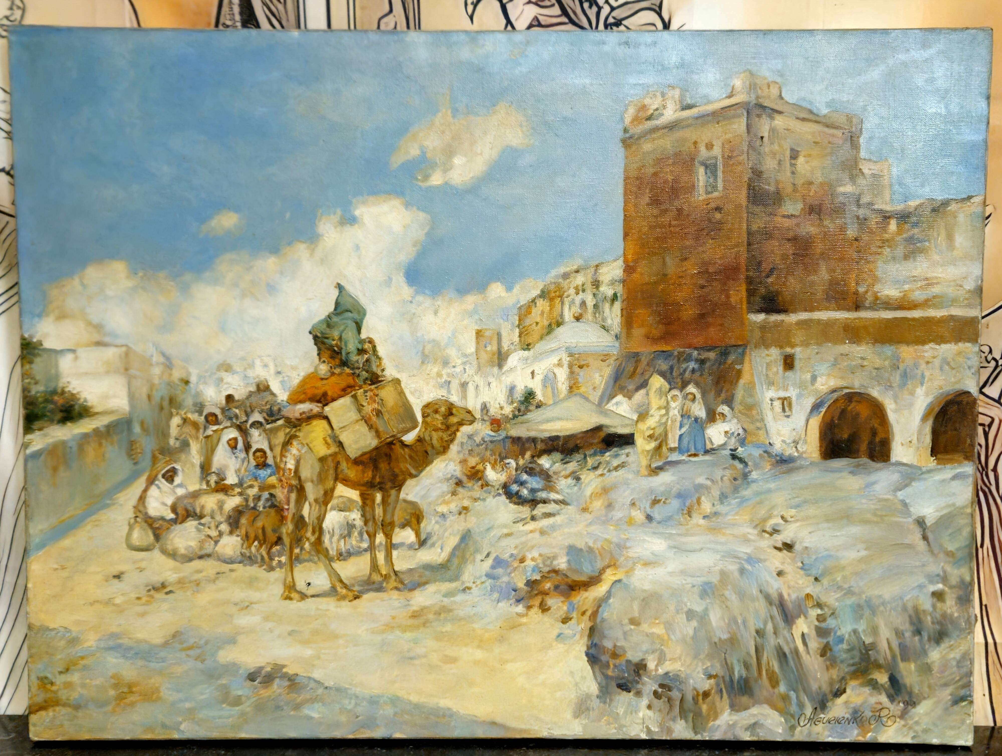 A. Guevenne – Animated Orientalist Scene with Camel – Oil on Canvas -