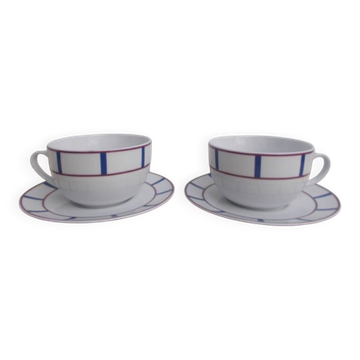 2 déjeuners basque en porcelaine bleu et rouge
