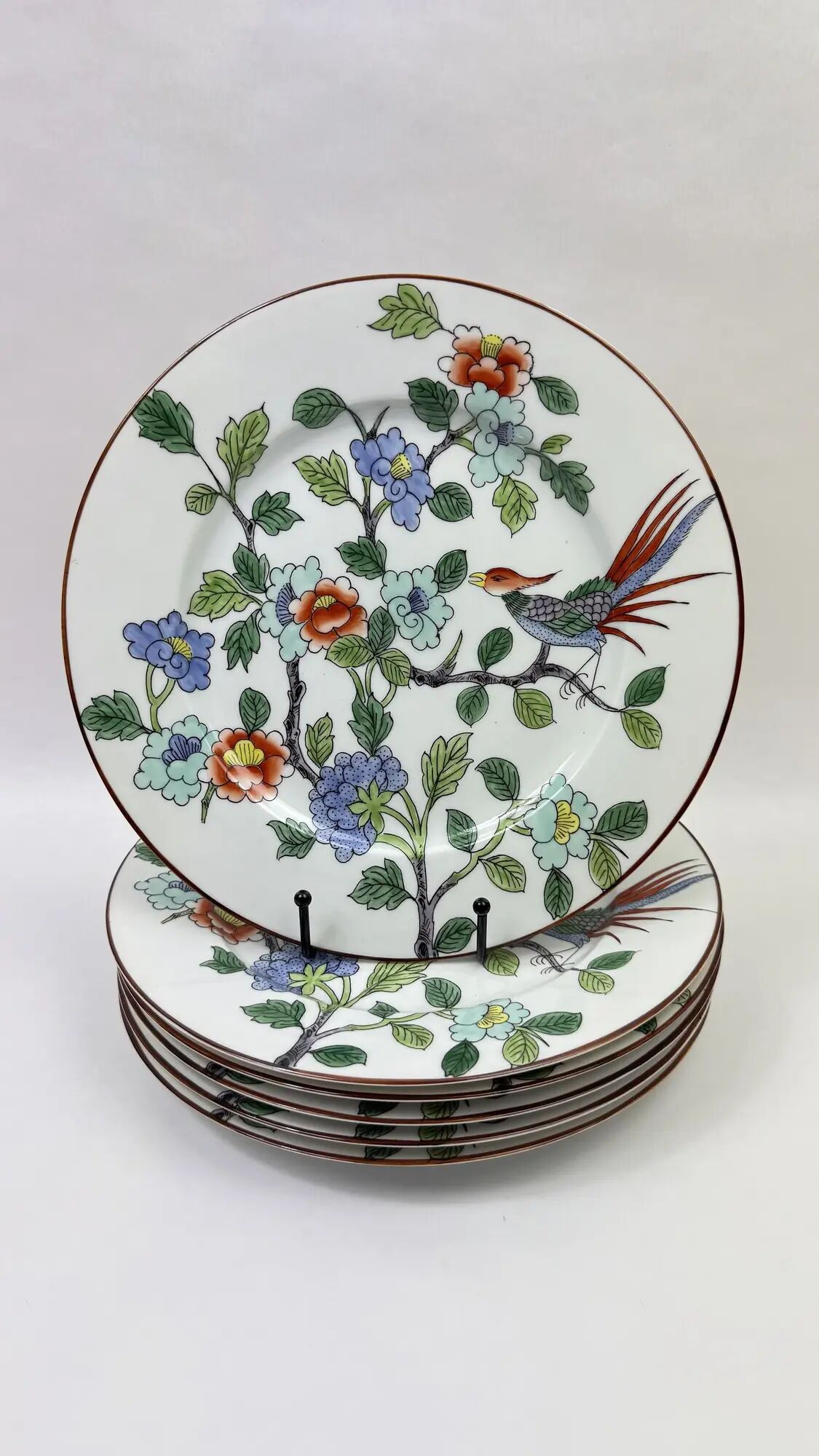 6 porcelain plates from Paris for Tiffany & Co, bird and peonies.