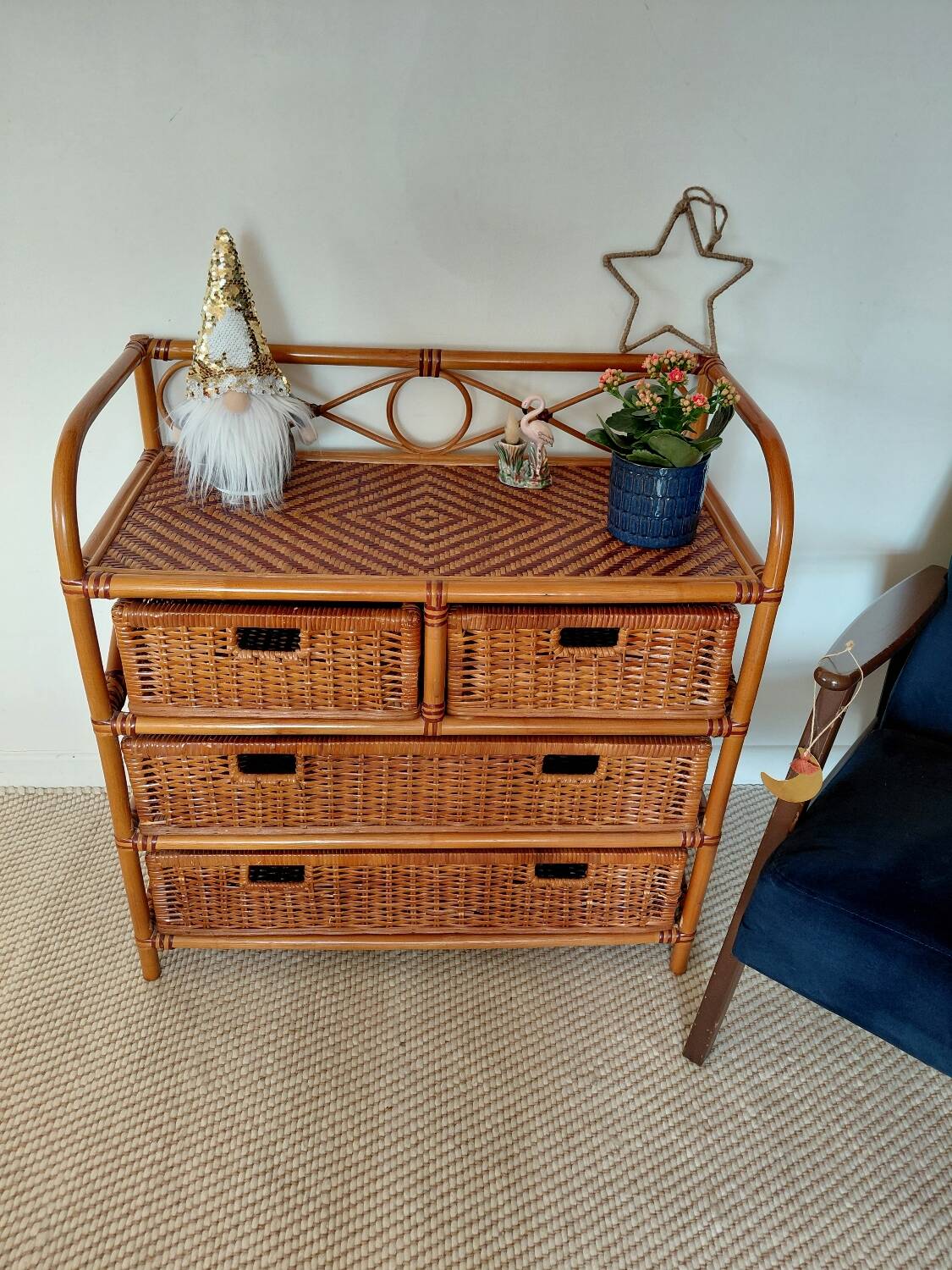 Commode vintage en rotin 4 tiroirs-esprit bohème-bord de mer