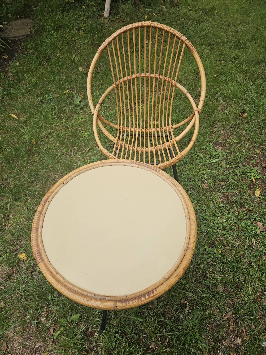 Vintage rattan armchair and coffee table attributed to Rohe Noordwolde