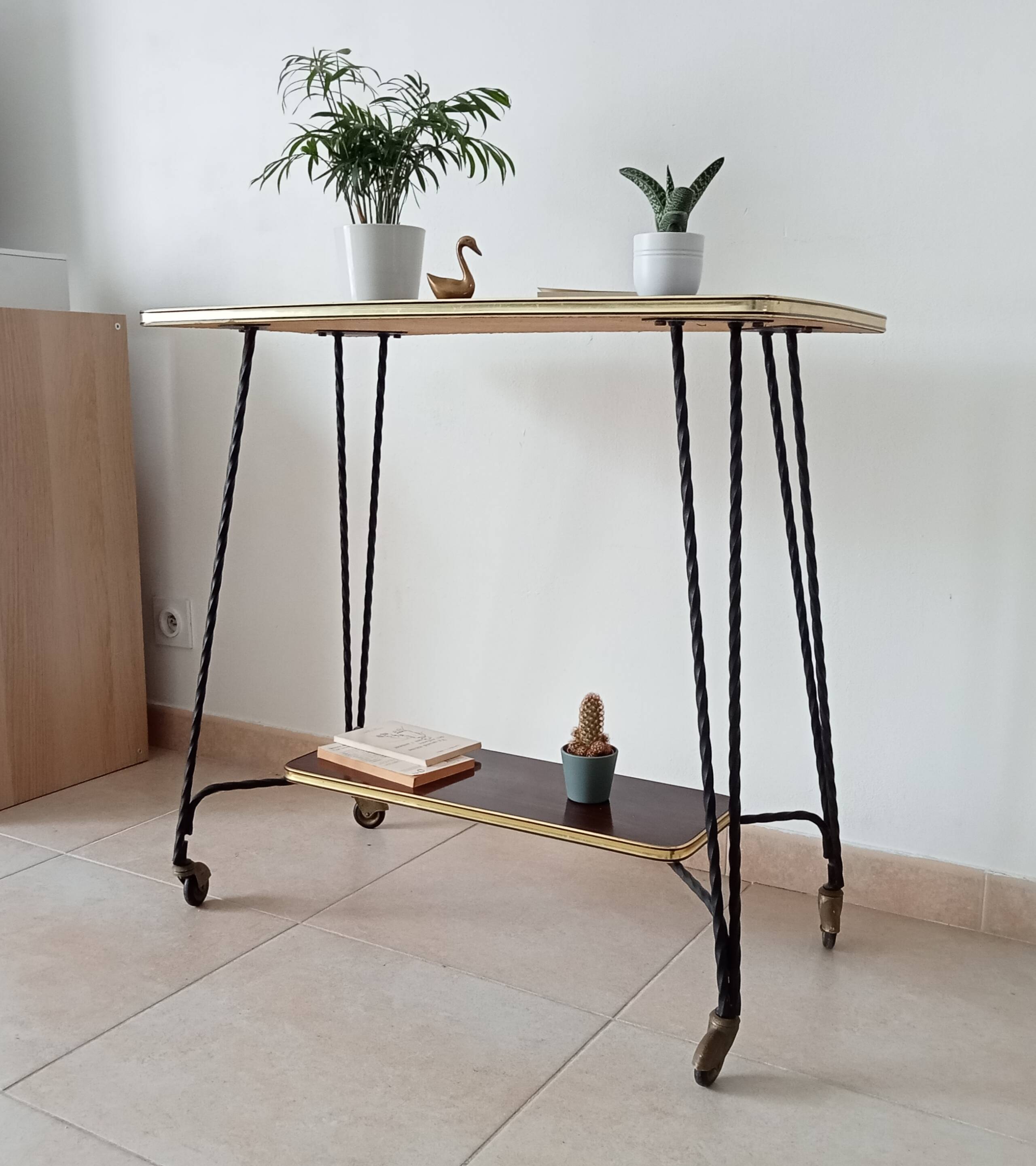 Vintage Formica and wrought iron rolling dessert trolley/side table.
