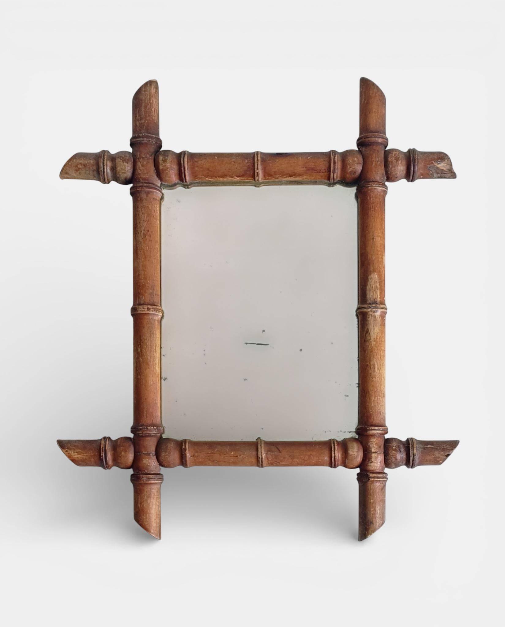 French Faux Bamboo Wall Mirror, Aged Patina, Circa 1900s