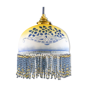 Old French ceiling lamp in white glass with Blue and Yellow blue and yellow art deco vegetal decoration
