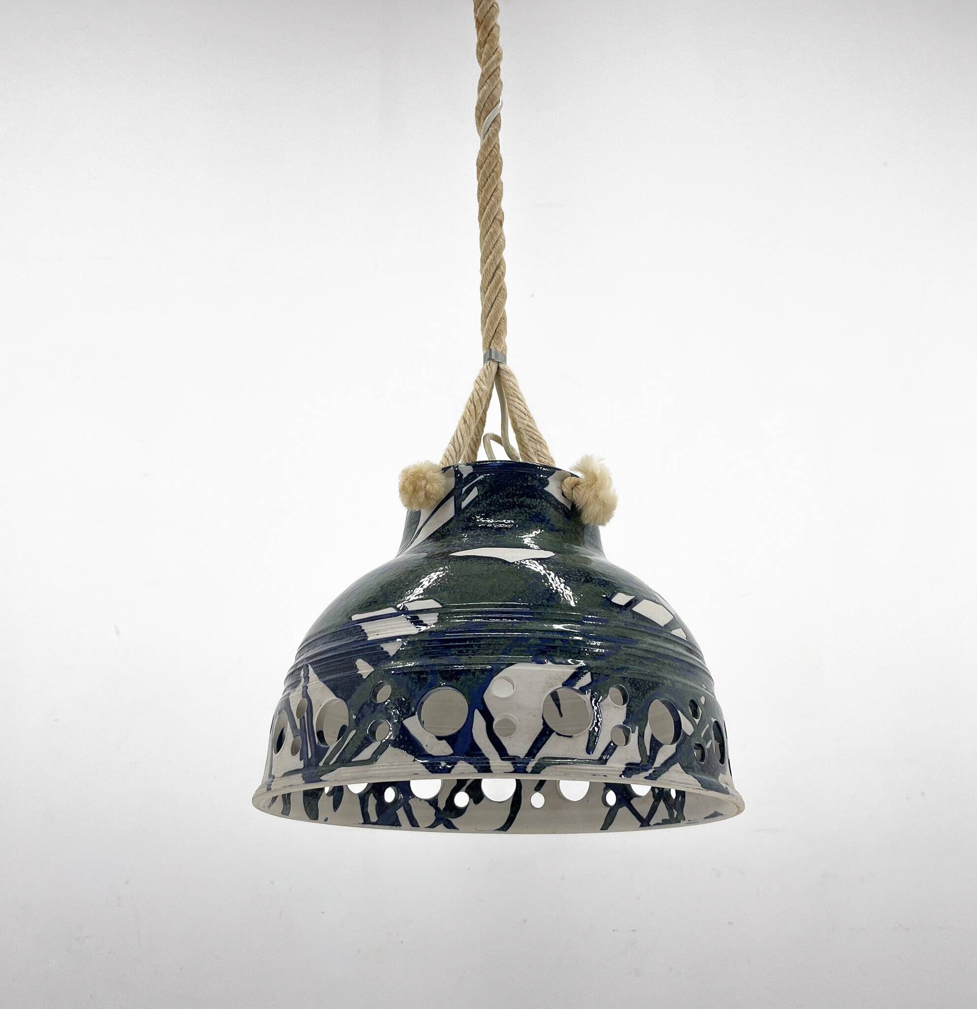 1970s Ceramic Pendant Light Suspended on a on Rope, Denmark