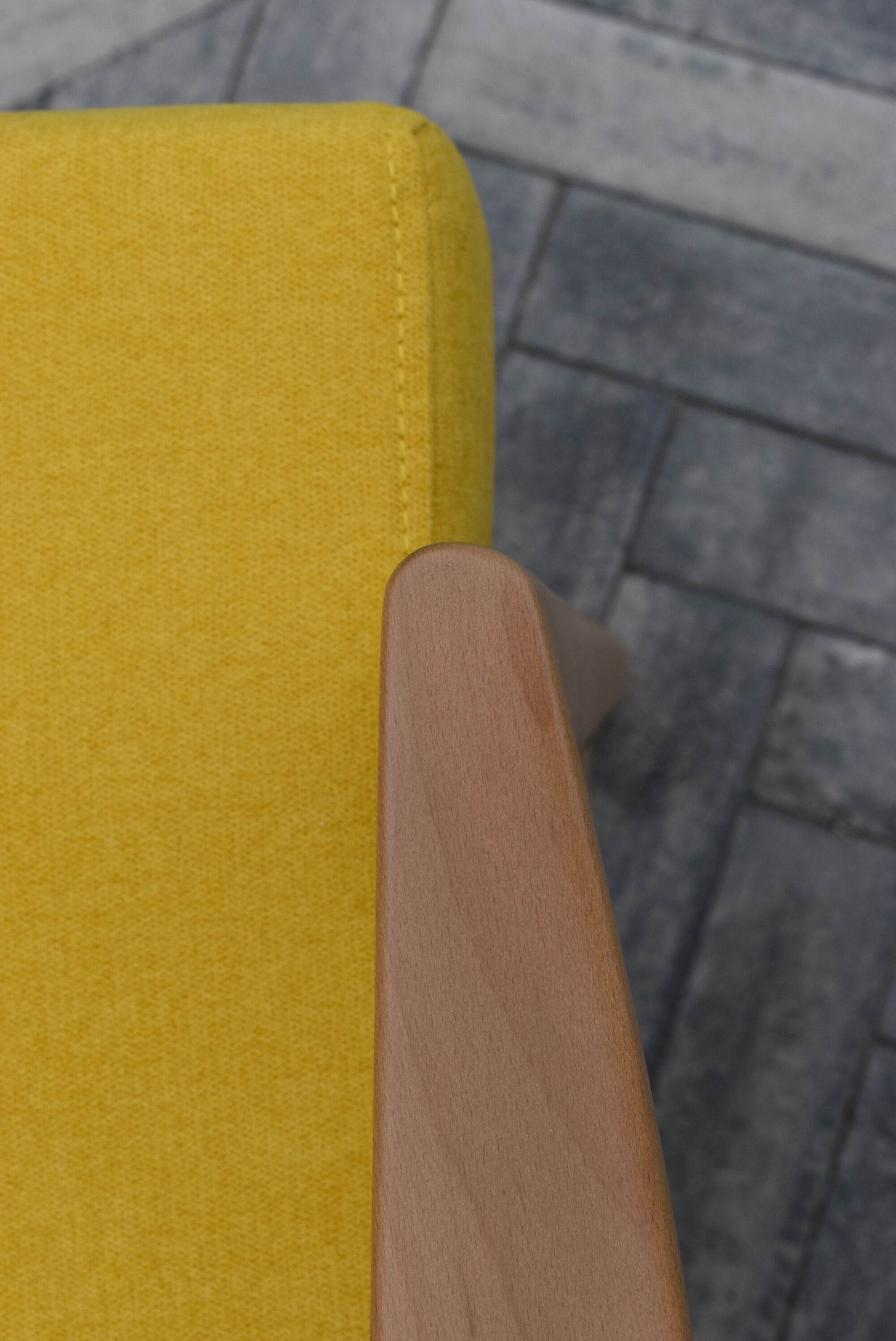 Scandinavian armchair, yellow fabric, natural wood