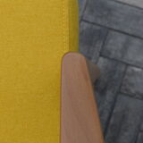 Scandinavian armchair, yellow fabric, natural wood
