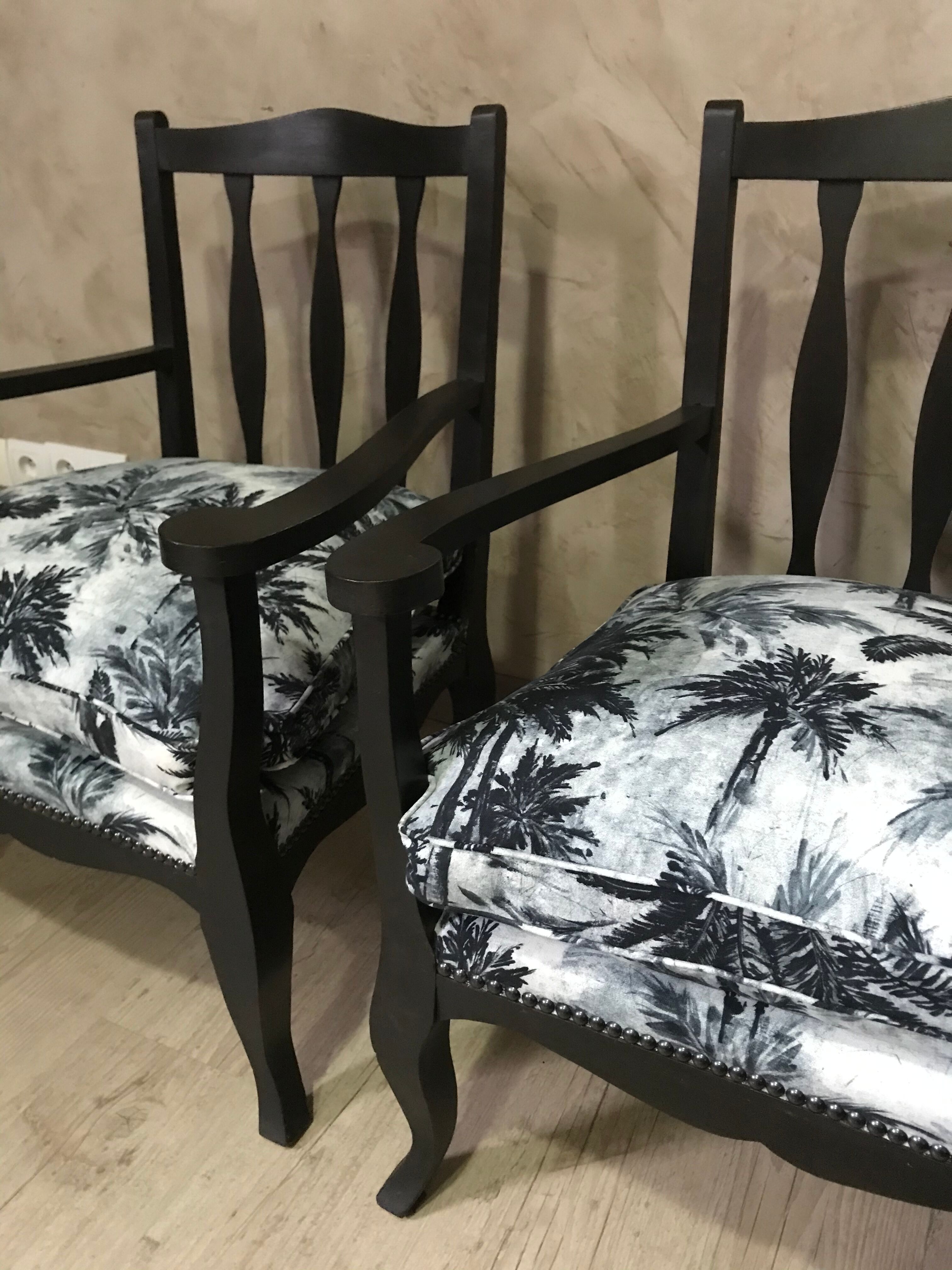 Pair of jungle fabric armchairs