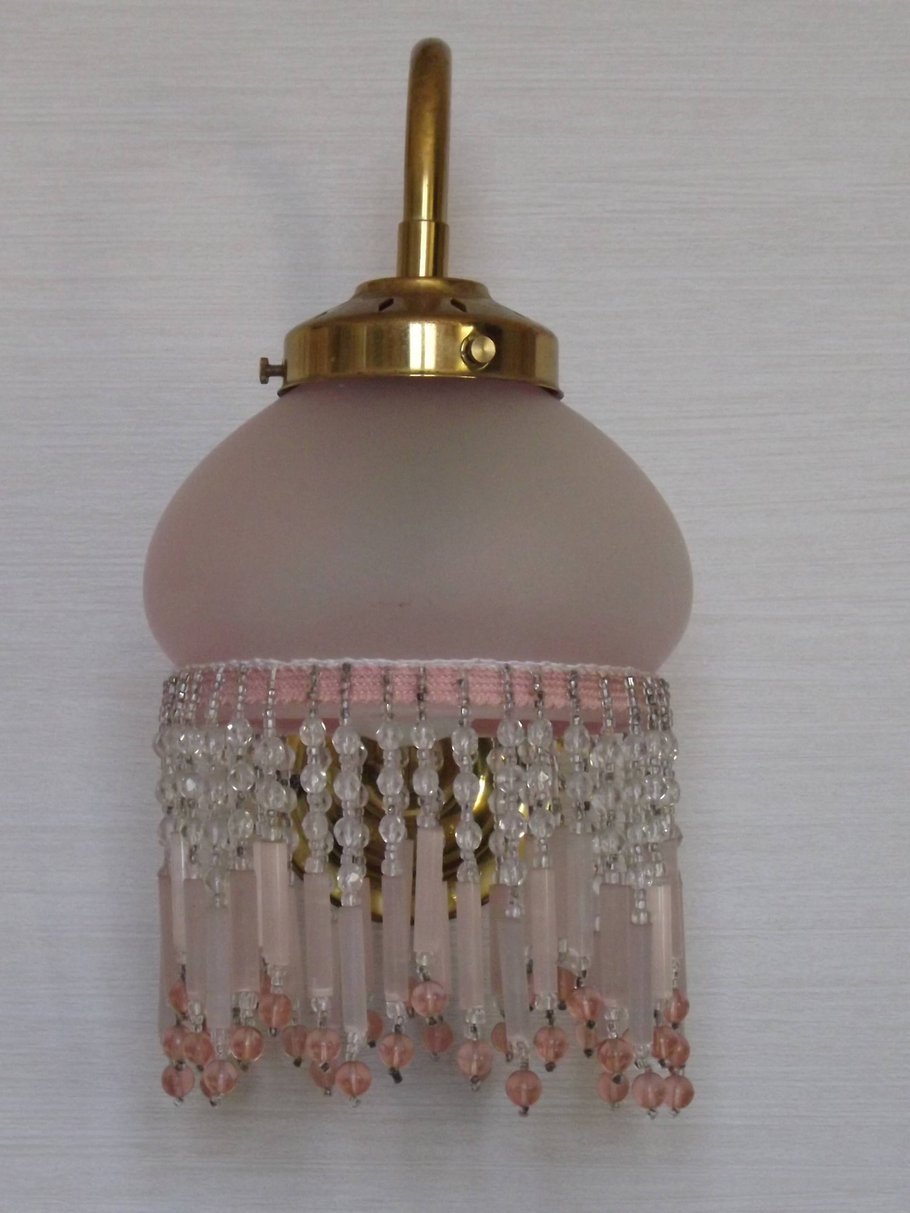 Pair of French Vintage Gold Wall Lights Pink Glass Beaded Fringe Shades