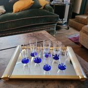 7 faceted champagne flutes – cobalt blue stem – 1970s