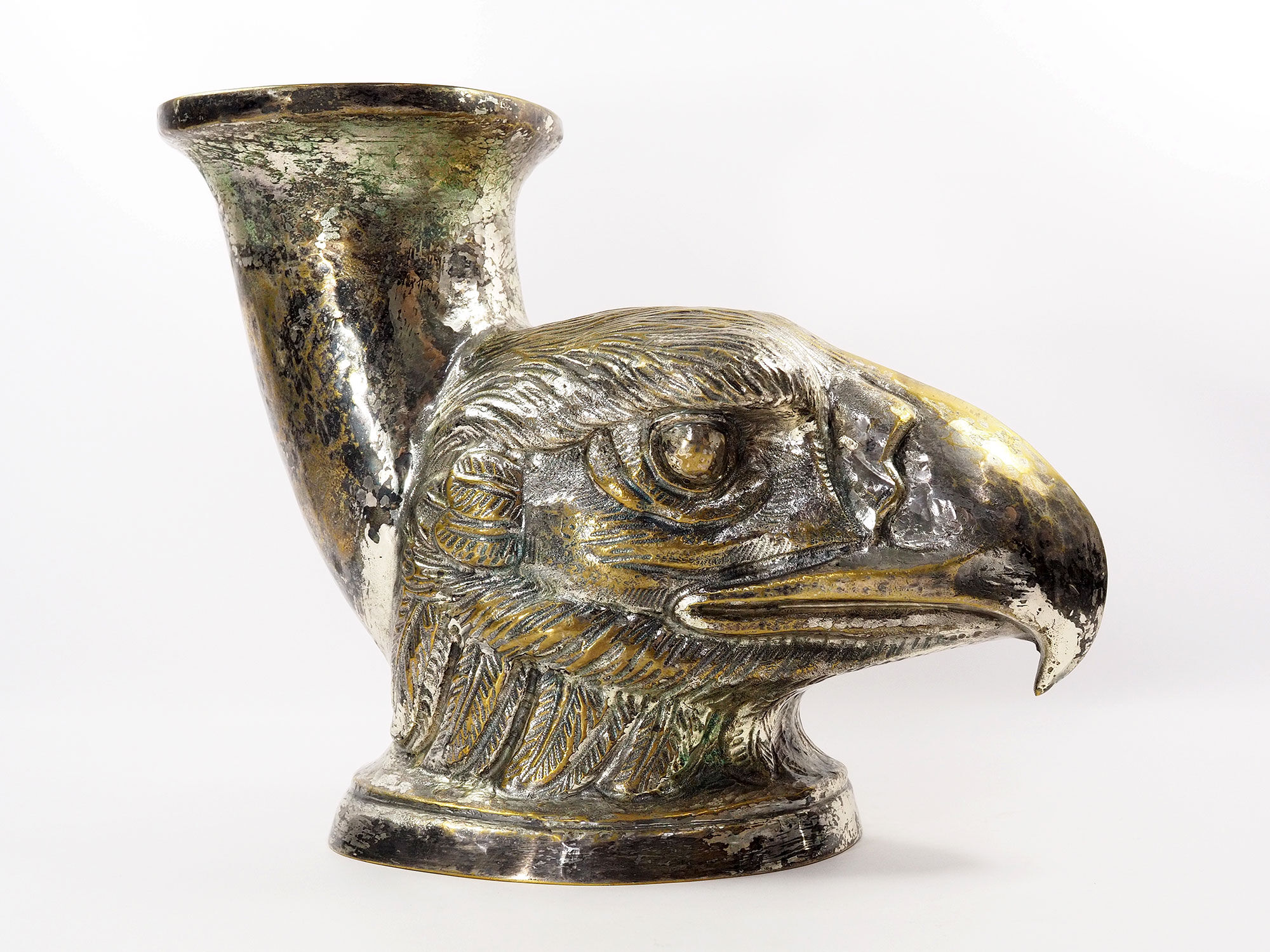 Ancient Vase Rhyton Eagle Head in Silver Brass-1900s