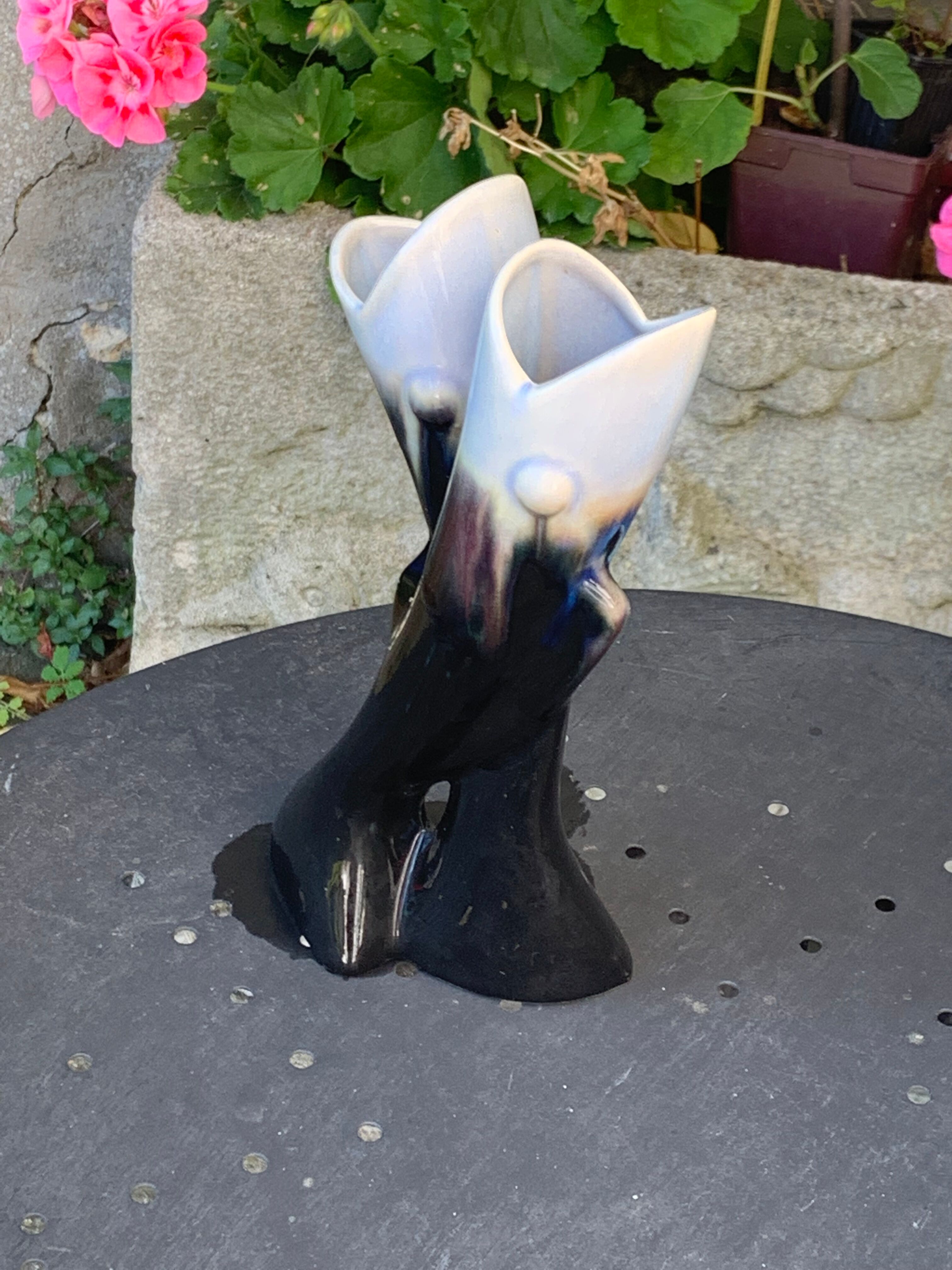 Double soliflore vase, vintage midnight blue glazed fish slurry