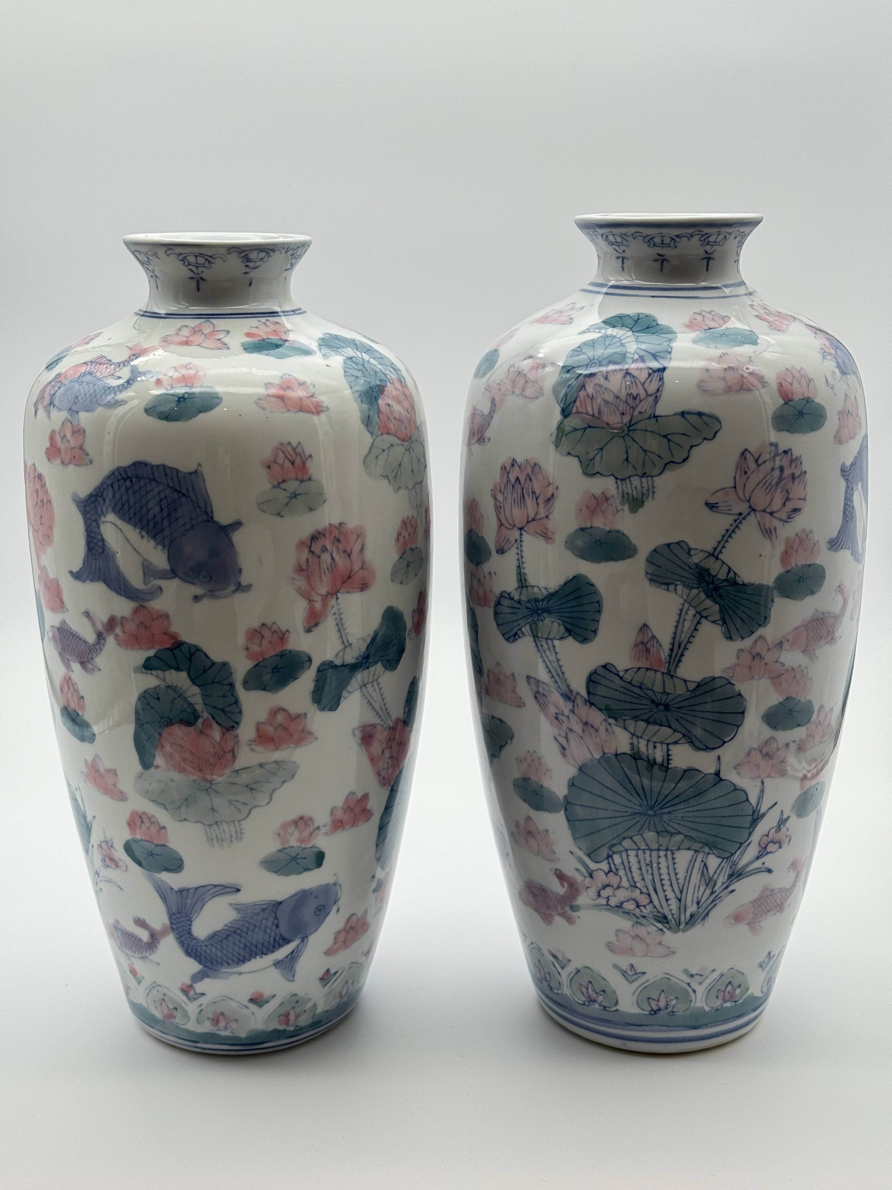 Pair of Baluster Vases Chinese Porcelain - Lotus & Carp - H35cm