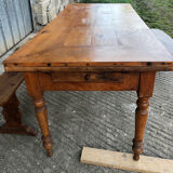 Antique farmhouse table in solid cherry wood with its 2 benches