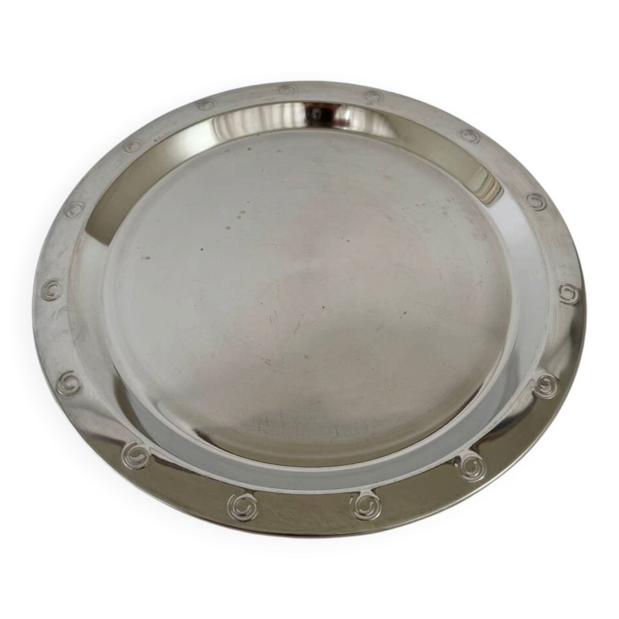 Plat de service rond en métal argenté vintage moderniste