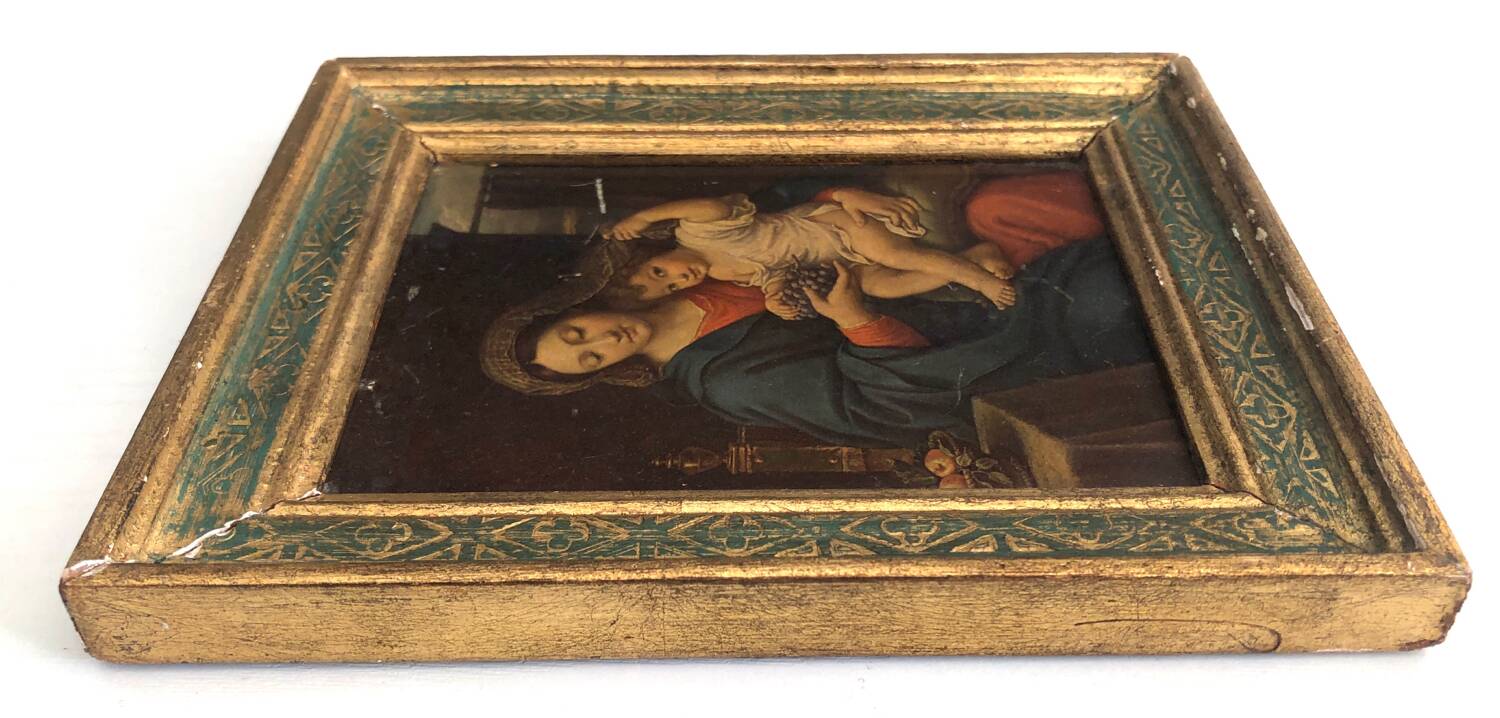 Icône Italienne Cadre Bois Doré Bleu