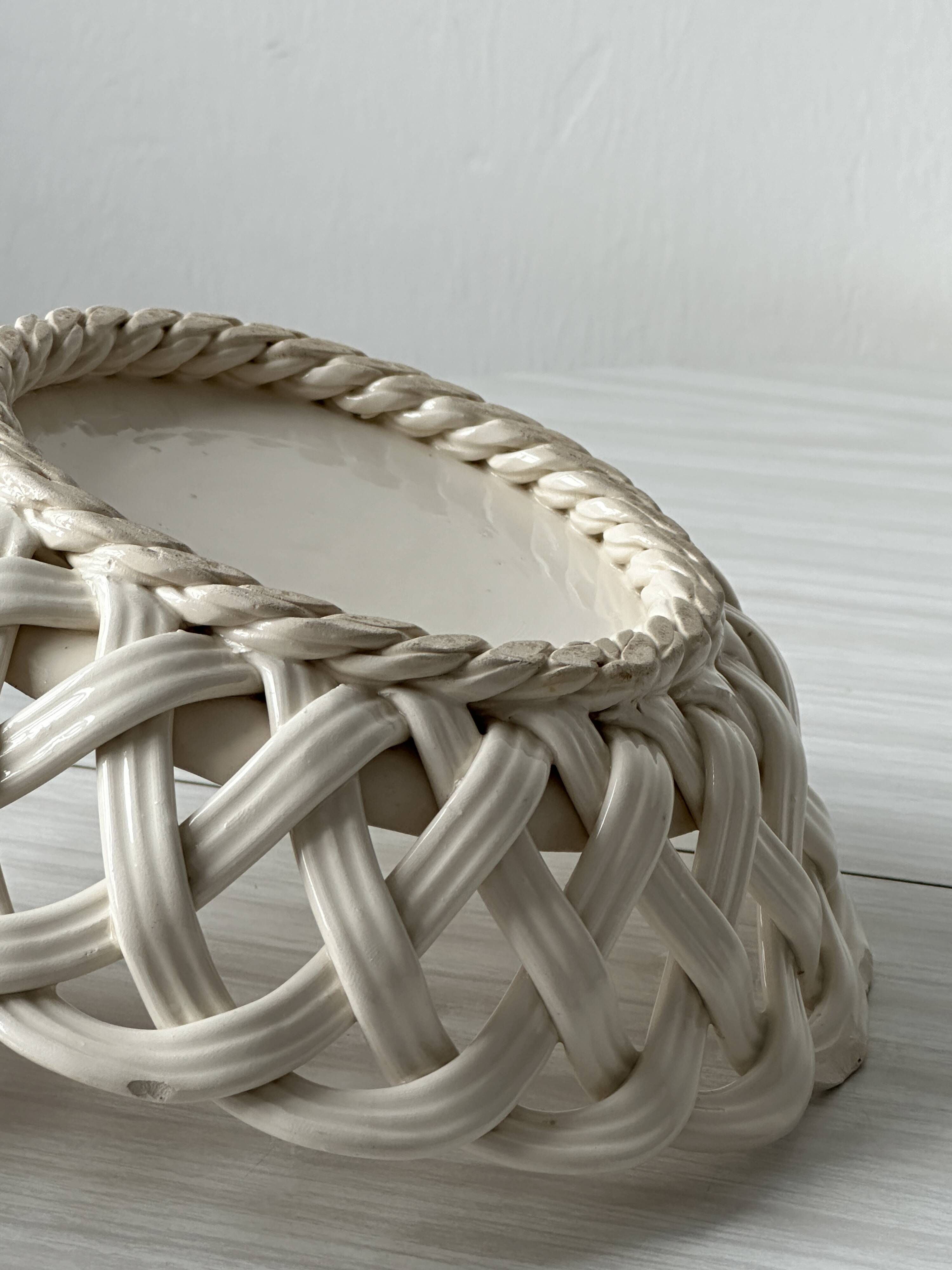 Woven white ceramic basket