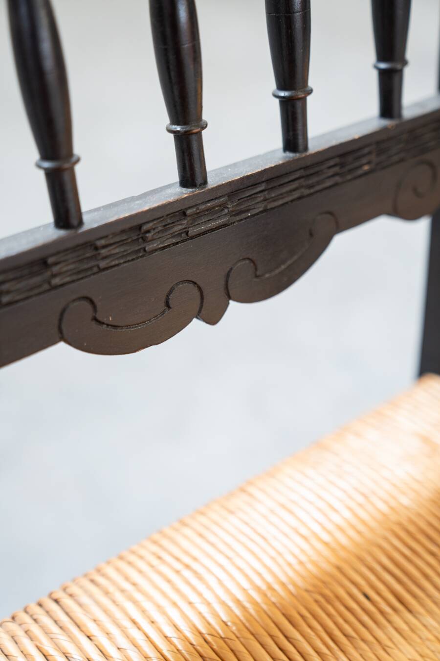 2 low bedroom chairs in hand-woven rice straw, 1950s/1960s