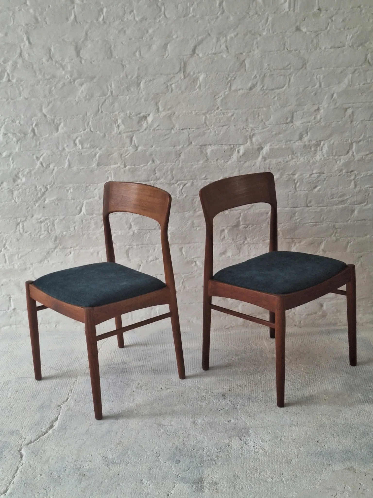 Pair of Henning Kjaernulf teak dining chairs sea blue-green, Denmark 1960s
