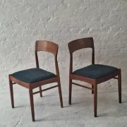 Pair of Henning Kjaernulf teak dining chairs sea blue-green, Denmark 1960s