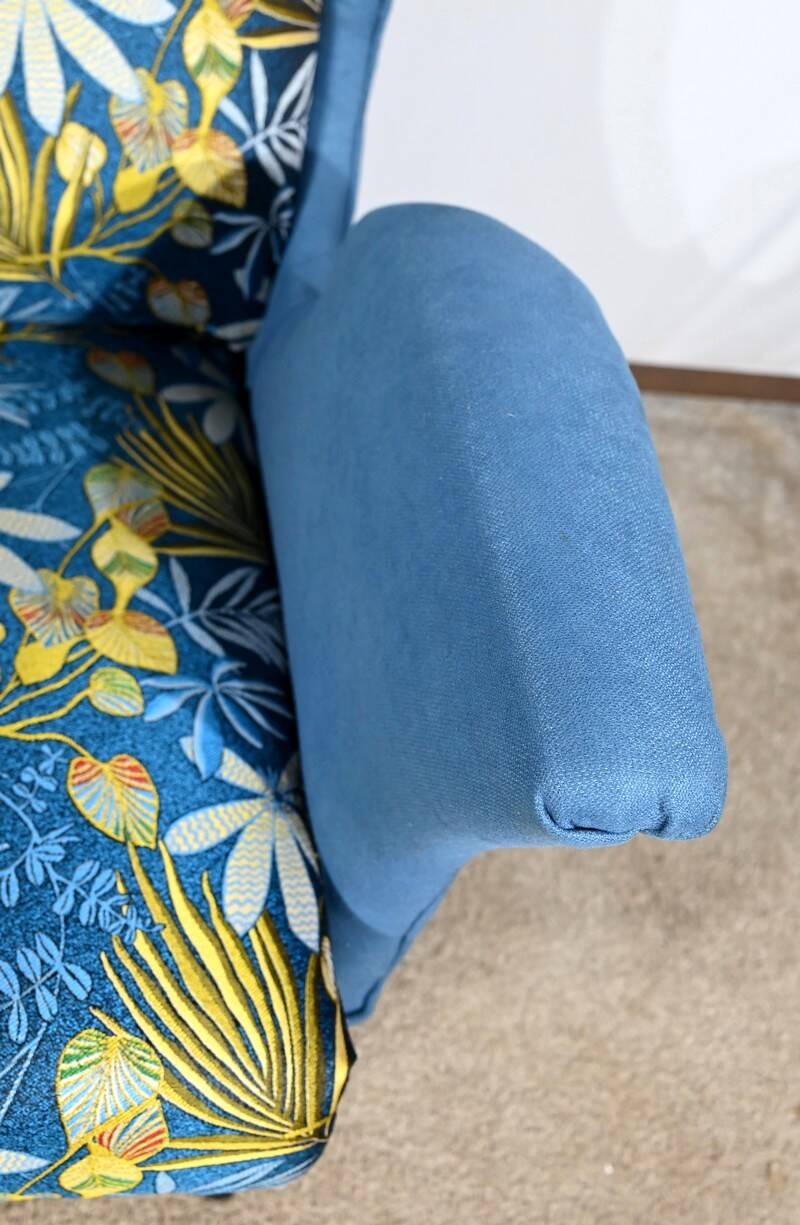 2-Seater Bench in Azure Blue Fabric – 1940s