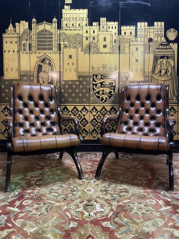 Pair of English Chesterfield leather armchairs