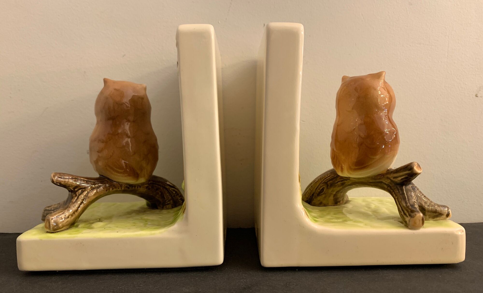 Pair of owl Japanese ceramic book greenhouses, 1980