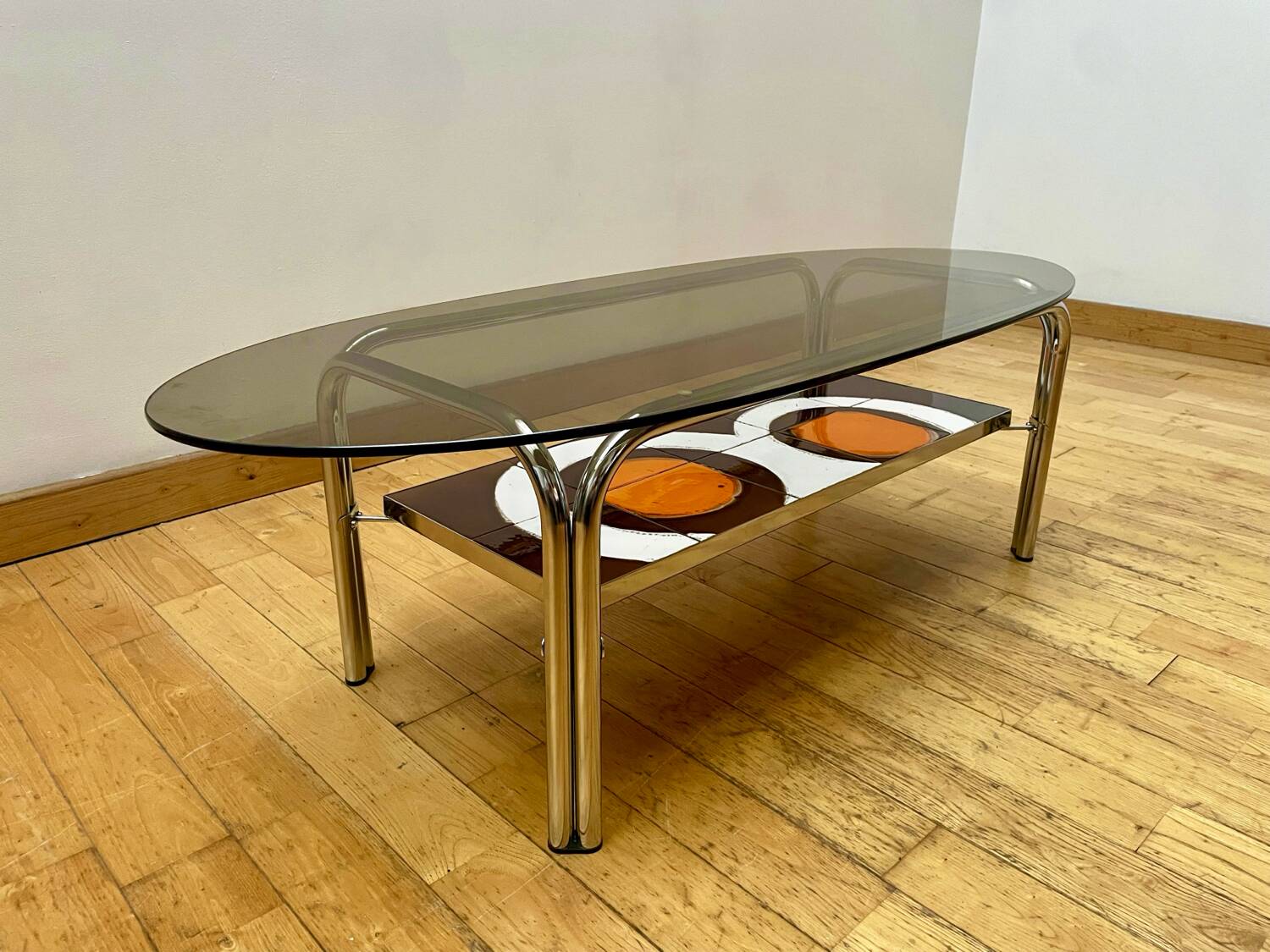 Vintage coffee table in smoked glass and ceramic