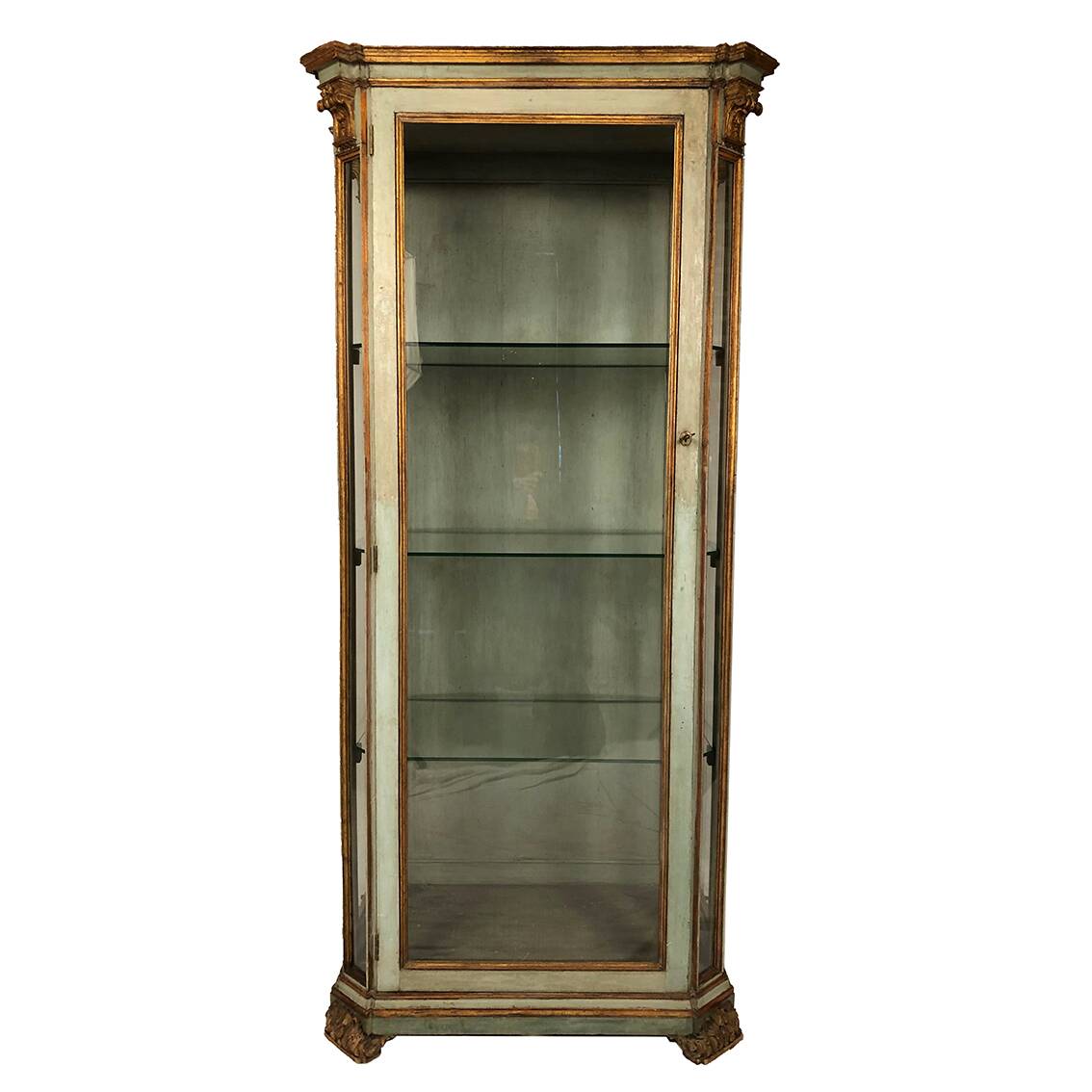 Showcase in blue/green lacquered wood, gold trim, Italy 18th-early 19th century