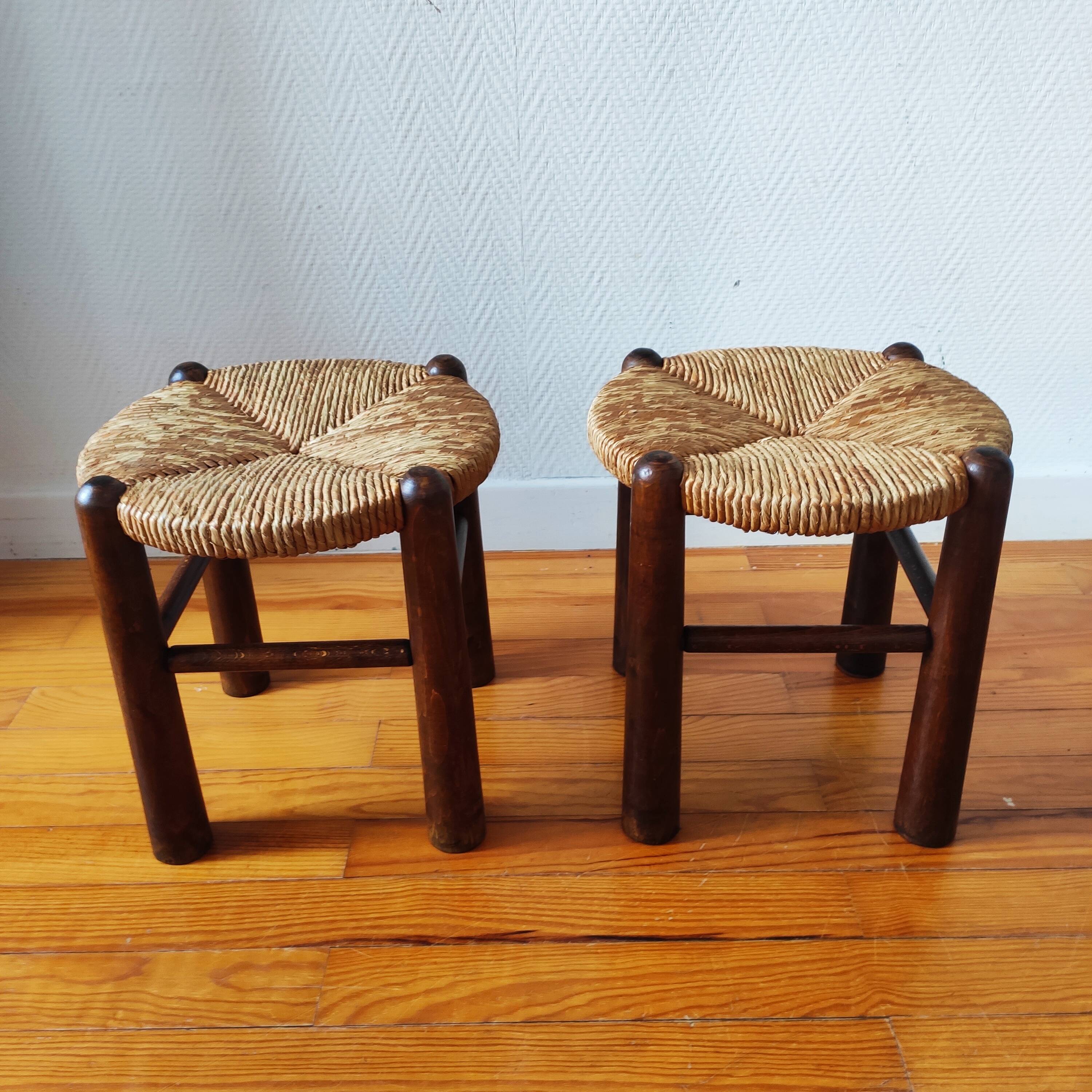 Brutalist wooden and straw stools - France 1950
