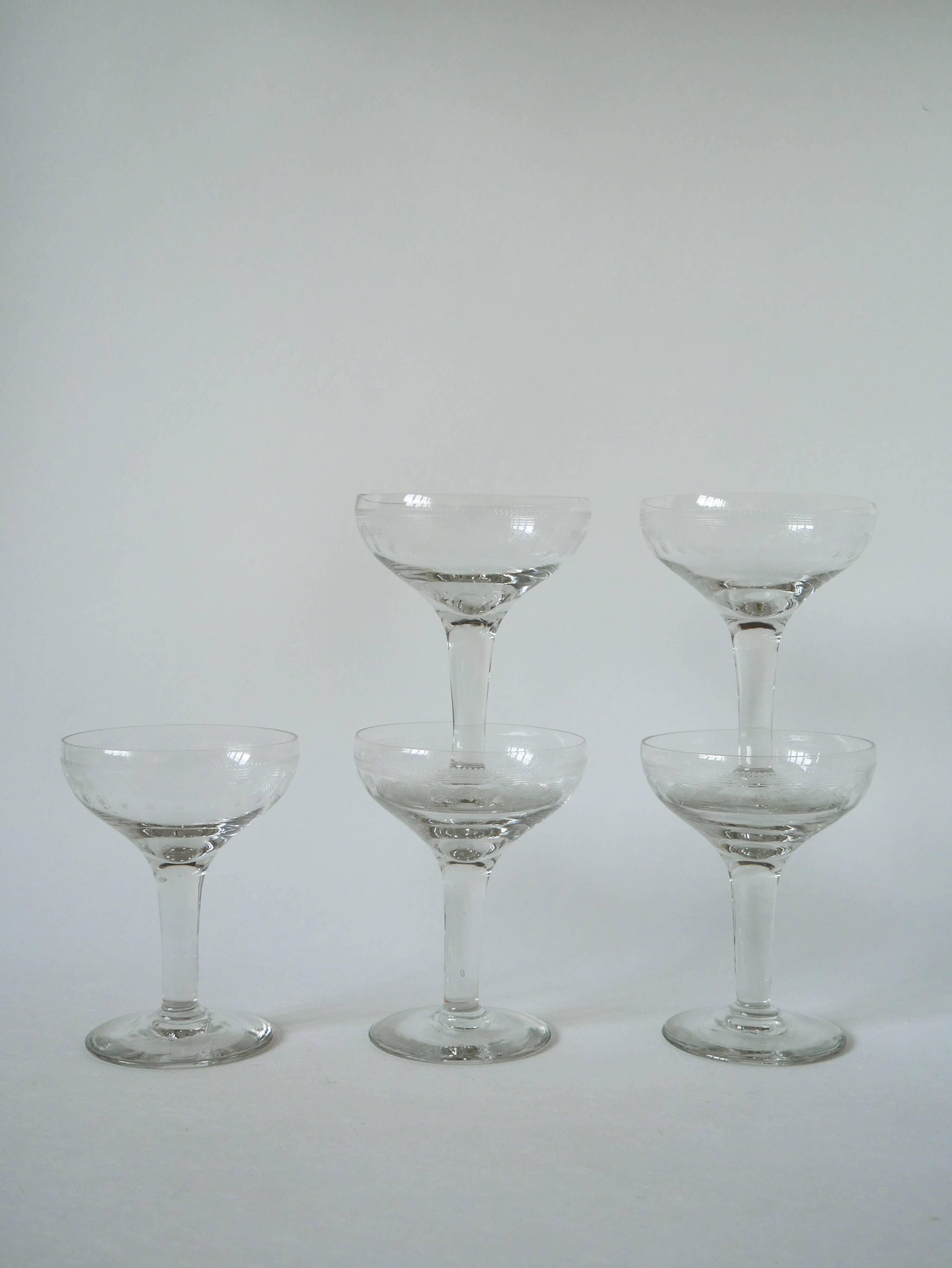 set of 5 engraved crystal champagne glasses 1950