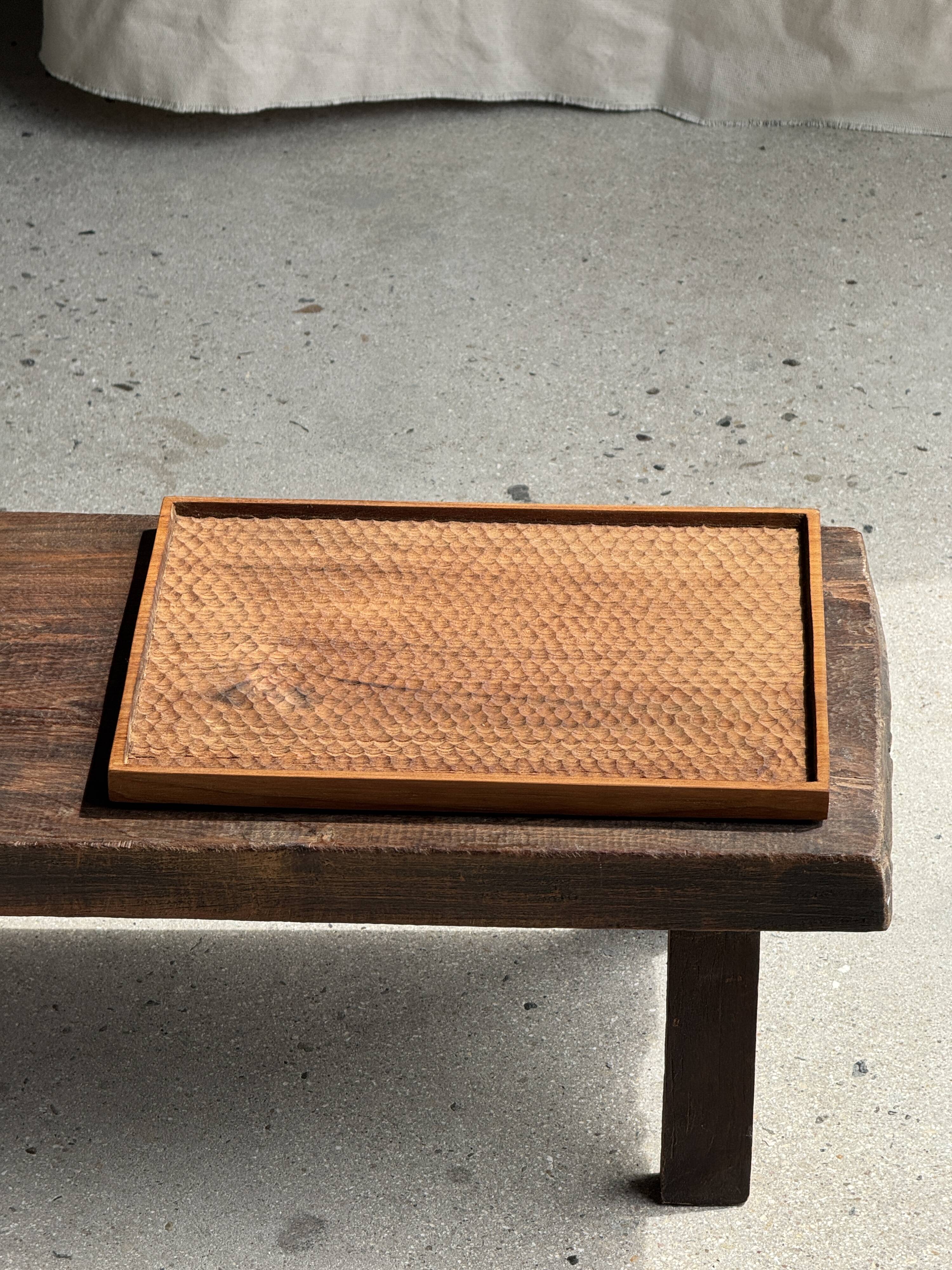 Rectangular solid teak platter with carved edges 33x24