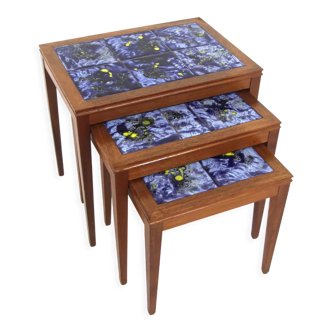 Set of 3 nesting tables in rosewood and ceramics, Sweden, 1960