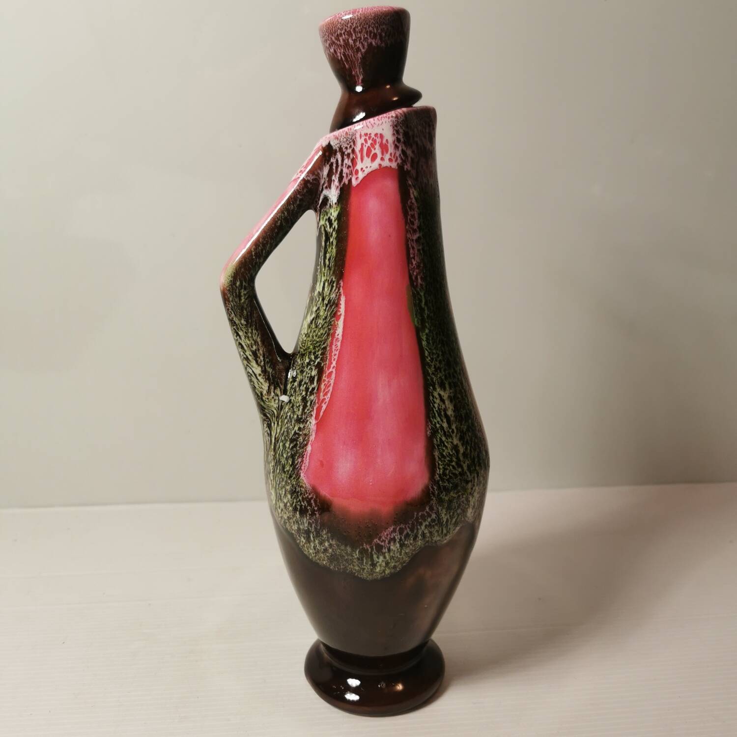 Old Pitcher, Jug, Carafe in Pink and Brown Ceramic Vallauris Style Vintage