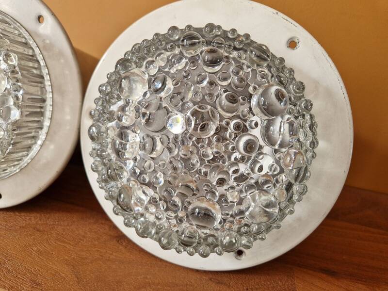 Pair of ceiling lights - Staff Leuchten - In aluminium and moulded glass with a bubble pattern.