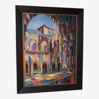 Acrylique sur toile architecture La Rochelle coloriste signé Art Deco coloré