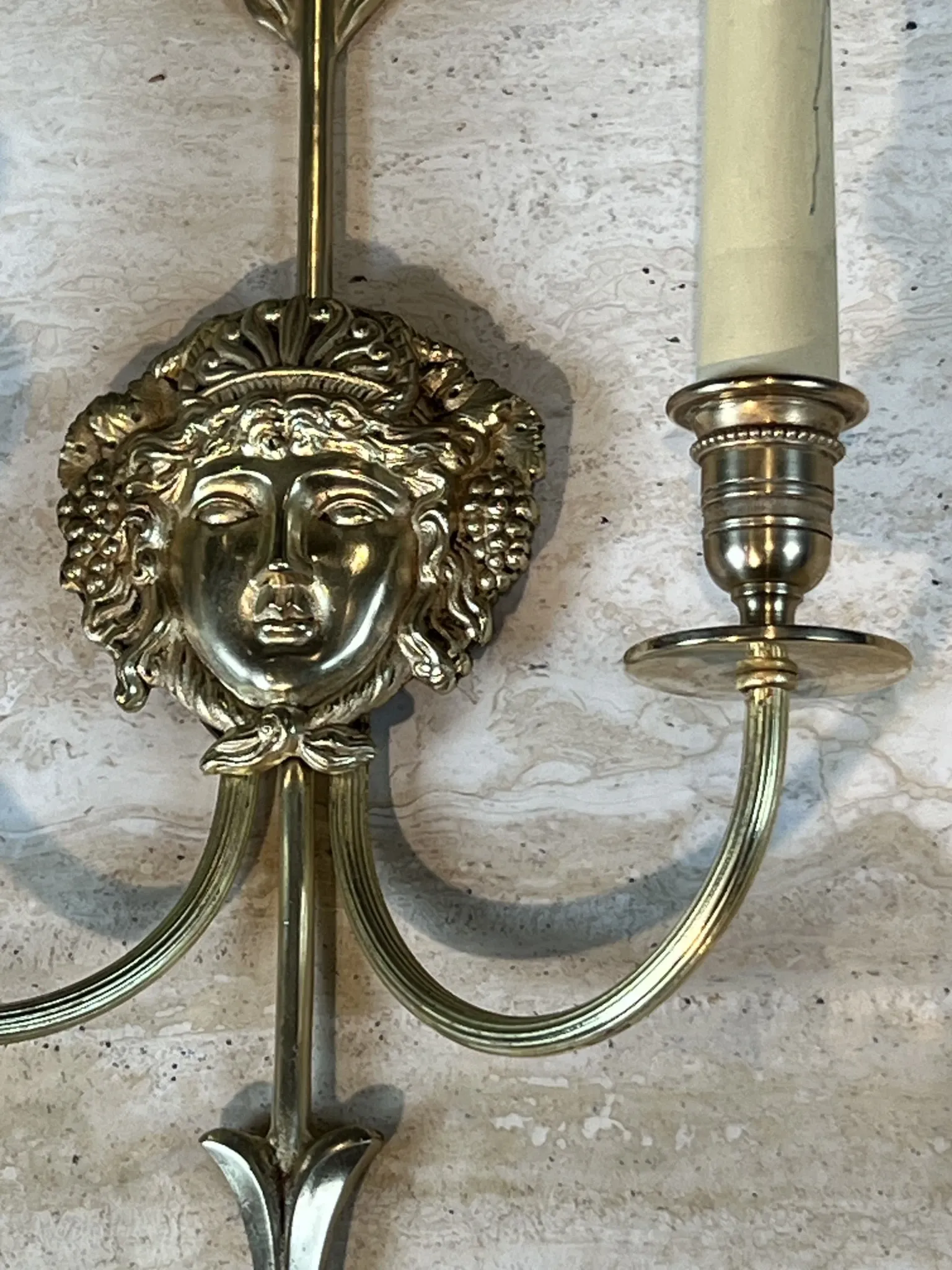 Pair of Two-Arm Bronze Wall Lights with Arrow and Mask Decoration