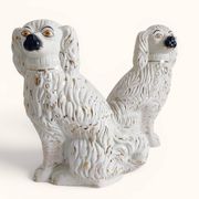 Pair of King Charles Spaniel dogs in Staffordshire majolica style.