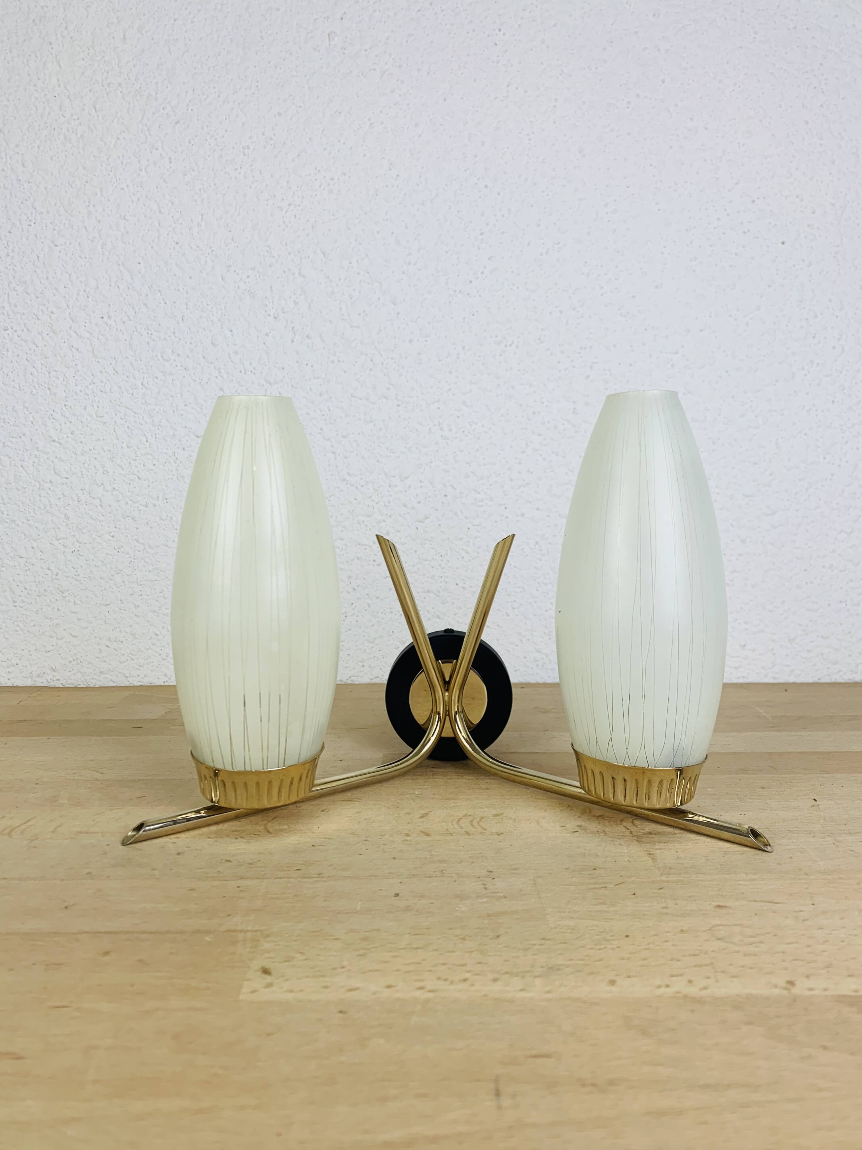 50s double-light wall light, brass and black metal, opaline tulips