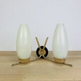50s double-light wall light, brass and black metal, opaline tulips
