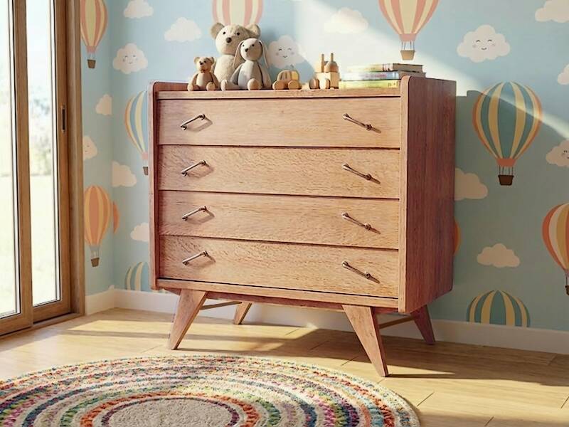 Renovated vintage chest of drawers with tapered legs in light wood, gold, from 1950 - 1960.